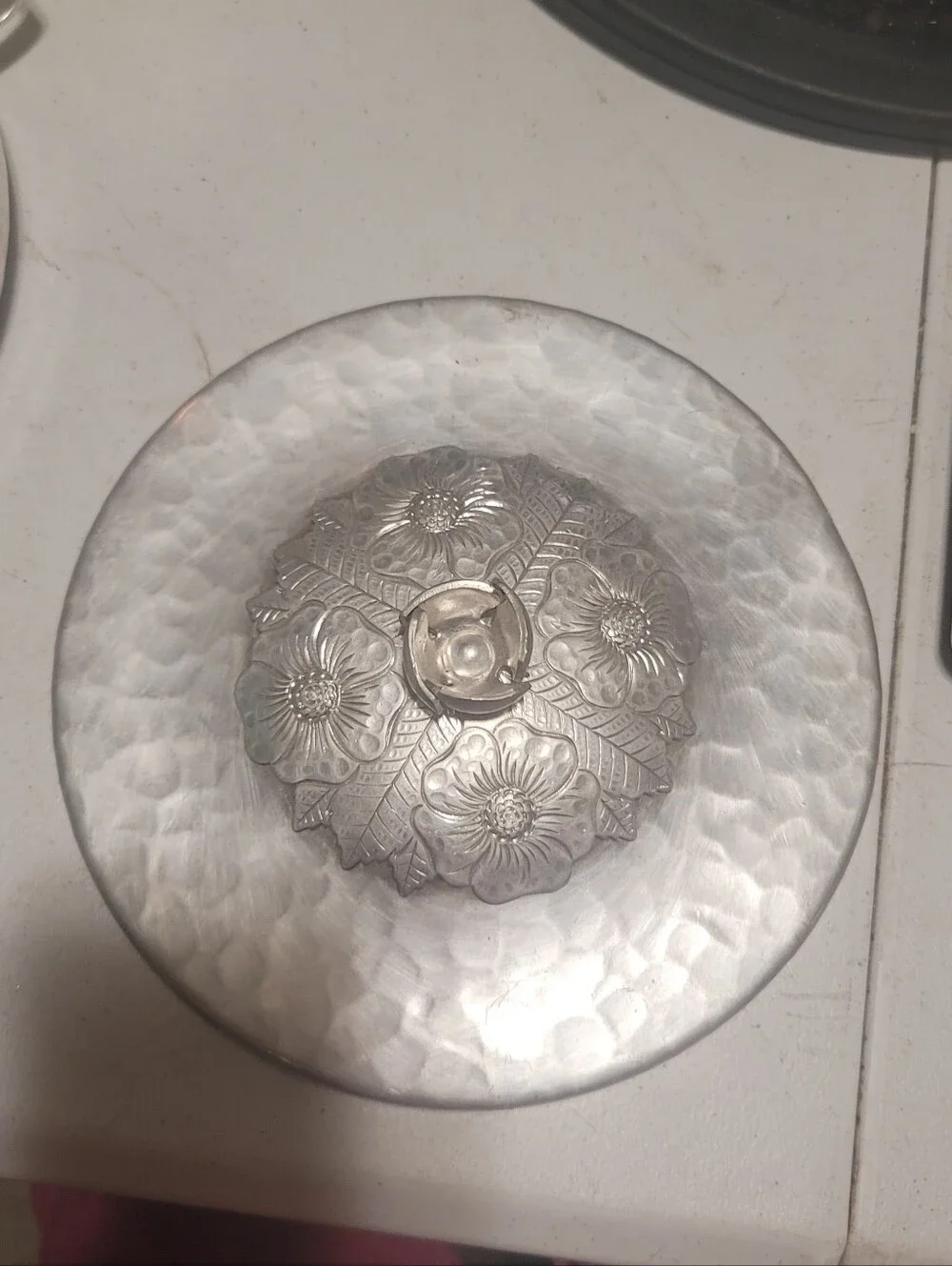 Vintage Wild Rose F1003 Hammered Aluminum Candy Dish w/ Bale Handle/ Bridal